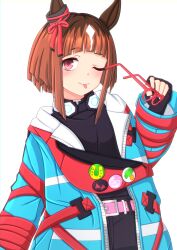 Rule 34 | 1girl, 2-butani, absurdres, animal ears, blunt bangs, blush, brown hair, closed mouth, commentary request, fingerless gloves, glasses, gloves, highres, horse ears, horse girl, horse tail, jacket, looking at viewer, one eye closed, red eyes, simple background, solo, tail, tongue, tongue out, transcend (umamusume), umamusume, white background