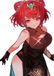 Rule 34 | 1girl, bare shoulders, black dress, black gloves, breasts, china dress, chinese clothes, cleavage, cleavage cutout, clothing cutout, dress, earrings, gloves, highres, jewelry, large breasts, medium breasts, pyra (xenoblade), red eyes, red hair, smile, solo, standing, tarbo (exxxpiation), white background, xenoblade chronicles (series), xenoblade chronicles 2