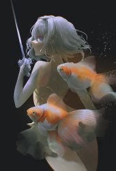 Rule 34 | 1girl, absurdres, animal, bare shoulders, blue eyes, elbow gloves, fish, frills, gloves, gold trim, grey hair, highres, holding, holding sword, holding weapon, looking back, medium hair, mysoda, original, rapier, see-through, see-through silhouette, single bare shoulder, swimming, sword, turtleneck, underwater, weapon, white gloves