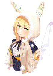 Rule 34 | 1girl, 3four, animal ears, animal hood, black ribbon, blonde hair, blunt bangs, blush, buttons, closed mouth, commentary, cropped torso, double-breasted, english commentary, girls&#039; frontline, green eyes, hand up, high-waist skirt, hood, hood up, jacket, long sleeves, mole, mole under eye, neck ribbon, pout, ribbon, shirt, simple background, skirt, solo focus, upper body, welrod mkii (girls&#039; frontline), white background, white shirt