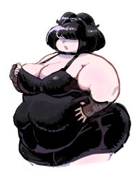 Rule 34 | 1girl, black hair, breasts, cleavage, dress, fat, goth fashion, large breasts, solo, wide hips