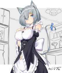 Rule 34 | 1girl, absurdres, animal ears, blue eyes, breasts, cat ears, cosplay, grey hair, hair ornament, hairpin, hamakaze (kancolle), highres, hu tao kaze, indoors, kantai collection, large breasts, looking at viewer, maid, medium hair, rem (re:zero), rem (re:zero) (cosplay), solo, tail, upper body