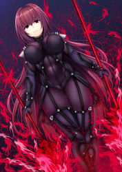 Rule 34 | 1girl, armor, aura, black background, bodysuit, breasts, closed mouth, covered erect nipples, covered navel, dual wielding, dutch angle, expressionless, fate/grand order, fate (series), from below, gae bolg (fate), hair between eyes, hair intakes, half-closed eyes, highres, holding, holding weapon, large breasts, legs together, long hair, looking at viewer, nano (syoutamho), polearm, purple bodysuit, purple hair, red eyes, scathach (fate), shoulder armor, solo, spear, standing, thick thighs, thighs, very long hair, weapon