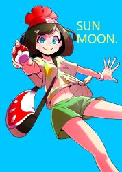 Rule 34 | 1girl, armpit peek, armpits, bag, bare arms, bare legs, beanie, between breasts, black hair, blue eyes, bracelet, breasts, creatures (company), english text, fingernails, game freak, green shorts, handbag, hat, highres, hirakata masahiro, holding, holding poke ball, jewelry, looking at viewer, midriff, navel, nintendo, outstretched arm, poke ball, poke ball (basic), pokemon, pokemon (creature), pokemon sm, red hat, selene (pokemon), shirt, short hair, short shorts, short sleeves, shorts, simple background, smile, solo, strap between breasts, swept bangs, t-shirt, tied shirt, wide sleeves, yellow shirt