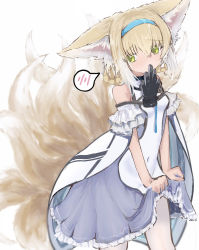 Rule 34 | 1girl, animal ear fluff, animal ears, arknights, bare shoulders, black gloves, blue hairband, blue skirt, blush, braid, braided hair rings, breasts, closed mouth, commentary request, covered navel, fox ears, fox girl, fox tail, frilled skirt, frills, glove in mouth, gloves, unworn gloves, green eyes, hair between eyes, hair rings, hairband, highres, kitsune, kyuubi, light brown hair, mouth hold, multicolored hair, multiple tails, nose blush, nyashiro (sgylk), pantyhose, shirt, simple background, skirt, small breasts, solo, spoken blush, standing, suzuran (arknights), tail, twin braids, two-tone hair, wet, wet clothes, wet skirt, white background, white hair, white pantyhose, white shirt