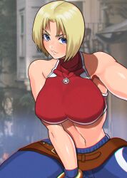 Rule 34 | 1girl, akisu k, blonde hair, blue eyes, blue mary, breasts, fatal fury, large breasts, legs, looking at viewer, midriff, navel, pants, parted lips, short hair, smile, snk, solo, the king of fighters, thighs