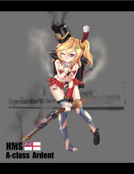 Rule 34 | 1girl, absurdres, ardent (warship girls r), ascot, belt, black footwear, black hat, black shirt, blonde hair, blush, breasts, cameltoe, character name, closed mouth, clover, clover hair ornament, coat, covering breasts, covering privates, cropped jacket, damaged, emblem, fire, four-leaf clover, grey thighhighs, gun, hair ornament, hat, highres, hms ardent, holding, holding weapon, leaning forward, long sleeves, looking at viewer, machinery, military, military vehicle, navel, no bra, number tattoo, official art, one eye closed, panties, photo background, pigeon-toed, purple eyes, red coat, red skirt, rifle, ship, shirt, shoes, side ponytail, single shoe, sirills, skirt, small breasts, smoke, solo, standing, tattoo, text focus, thighhighs, toes, torn clothes, torpedo, underwear, union jack, united kingdom, warship, warship girls r, watercraft, weapon, white belt, white ensign, white panties