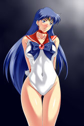 Rule 34 | 1girl, arms behind back, bishoujo senshi sailor moon, blue background, blue bow, blue eyes, blue hair, blush, bow, breasts, choker, collarbone, covered navel, earrings, gloves, gradient background, highres, hino rei, jewelry, kamo (nobuhide19790717), leotard, long hair, looking away, looking to the side, matching hair/eyes, medium breasts, navel, red neckwear, red sailor collar, sailor collar, sailor mars, shiny skin, simple background, solo, standing, sweat, tiara, white gloves, white leotard
