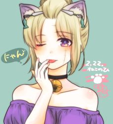 Rule 34 | 1girl, ;p, absurdres, animal ears, bell, neck bell, blonde hair, blue background, choker, collar, collarbone, scar on face, gintama, hair ornament, highres, looking at viewer, off-shoulder shirt, off shoulder, one eye closed, paleatus, portrait, purple eyes, purple shirt, scar, scar on cheek, scar on face, shirt, short hair, solo, thought bubble, tongue, tongue out, tsukuyo (gintama), wolf ears