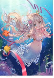 Rule 34 | 1girl, absurdres, air bubble, armlet, artist name, bare shoulders, blonde hair, blue eyes, blush, bracelet, breasts, bubble, cleavage, clownfish, collarbone, coral, crown, fish, hair ornament, highres, index finger raised, jewelry, long hair, looking at viewer, medium breasts, mermaid, mini crown, monster girl, navel, necklace, ocean, original, page number, pearl bracelet, pearl necklace, scan, serino itsuki, simple background, smile, solo, stomach, submerged, water