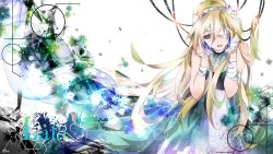 Rule 34 | 1girl, bandages, blonde hair, blue dress, blue eyes, dress, eyepatch, headphones, lily (vocaloid), long hair, music, open mouth, singing, solo, tyouya, very long hair, vocaloid