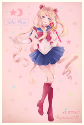Rule 34 | +1 (yakusoku0722), 10s, 1girl, 2015, bishoujo senshi sailor moon, bishoujo senshi sailor moon s, blonde hair, blue eyes, blue sailor collar, blue skirt, boots, bow, character name, choker, crescent, dated, double bun, earrings, full body, gradient background, hair bun, hair ornament, hairpin, highres, jewelry, knee boots, long hair, magical girl, pink background, pleated skirt, red bow, red footwear, sailor collar, sailor moon, skirt, smile, solo, spiral heart moon rod, standing, star (symbol), tiara, tsukino usagi, twintails, twitter username, wand