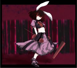 Rule 34 | 1girl, alternate costume, animal ears, arms behind back, atoshi, bad id, bad pixiv id, black hair, rabbit ears, crop top, female focus, hammer, highres, inaba tewi, kine, mallet, mary janes, midriff, red eyes, red hair, shoes, short hair, skirt, slit pupils, smile, solo, standing, touhou