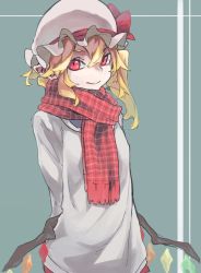 Rule 34 | 1girl, blonde hair, closed mouth, flandre scarlet, green background, grey shirt, hair between eyes, hat, highres, long sleeves, looking at viewer, low wings, mob cap, one side up, red eyes, red scarf, reiga (act000), scarf, shirt, smile, solo, touhou, white hat, wings