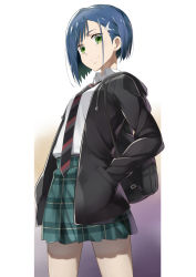 Rule 34 | 10s, 1girl, absurdres, bag, blue hair, closed mouth, commentary request, cowboy shot, darling in the franxx, gradient background, green eyes, hair ornament, hairclip, hands in pockets, highres, hood, hooded jacket, ichigo (darling in the franxx), jacket, necktie, plaid, plaid skirt, school uniform, short hair, skirt, smile, solo, standing, straight hair, takahan