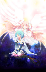 Rule 34 | 10s, 2girls, blue hair, chiyo (195815), closed eyes, detached sleeves, fins, fish tail, gloves, highres, hug, kaname madoka, long hair, mahou shoujo madoka magica, mahou shoujo madoka magica (anime), mermaid, miki sayaka, monster girl, multiple girls, pink hair, pleated skirt, scales, short hair, skirt, sky, space, spoilers, star (sky), star (symbol), starry background, starry sky, tail, tears, thighhighs, transformation, twintails, two side up, ultimate madoka, white gloves, wings, yellow eyes, zettai ryouiki