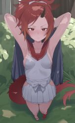 Rule 34 | 1girl, absurdres, armpits, arms behind head, black horns, blue archive, breasts, dragon tail, from above, geta, haori, highres, hip vent, horns, japanese clothes, long hair, looking at viewer, open mouth, pleated skirt, ponytail, red eyes, red hair, red sailor collar, red tail, renge (blue archive), sailor collar, seya 0517, single horn, skirt, small breasts, solo, tail, white skirt