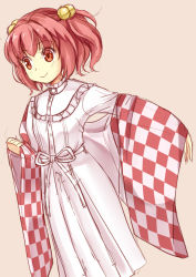 Rule 34 | 1girl, bell, checkered clothes, checkered kimono, dress, dressing, hair bell, hair ornament, japanese clothes, kimono, motoori kosuzu, niiya, red eyes, red hair, simple background, smile, solo, touhou, two side up, white dress