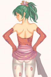 Rule 34 | 1990s (style), 1girl, ass, back, bare shoulders, closed eyes, earrings, elbow gloves, female focus, final fantasy, final fantasy vi, gloves, green hair, hair ribbon, jewelry, looking back, panties, panties under pantyhose, pantyhose, patterned legwear, ponytail, print pantyhose, profile, retro artstyle, ribbon, simple background, solo, standing, tina branford, underwear, white background, white pantyhose, yukihiro