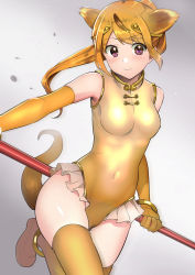 Rule 34 | 10s, 1girl, absurdres, akechi shizuku, animal ears, bracelet, breasts, circlet, elbow gloves, gloves, golden snub-nosed monkey (kemono friends), high ponytail, highleg, highleg leotard, highres, holding, holding staff, jewelry, kemono friends, leotard, long hair, looking at viewer, medium breasts, monkey ears, monkey tail, multicolored hair, orange hair, ponytail, purple eyes, solo, staff, tail, thighhighs, yellow thighhighs