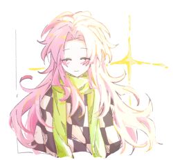 Rule 34 | 1boy, checkered clothes, checkered shirt, chinese commentary, closed eyes, closed mouth, commentary request, facing viewer, green scarf, hatsutori hajime, highres, jiekuijiangshadaonijiamenkou, long hair, male focus, no nose, official alternate costume, parted bangs, pink hair, saibou shinkyoku, scarf, shirt, smile, solo, sparkle, upper body