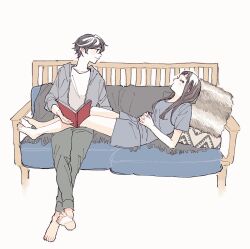 Rule 34 | 1boy, 1girl, barefoot, black hair, book, couch, crossed legs, highres, looking at another, lying, oosawa yayoi, original, sleeping