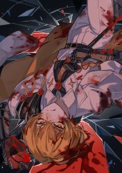 Rule 34 | 1boy, absurdres, bishounen, blonde hair, blood, blood on clothes, blood on face, ebf7l, formal, gauntlets, highres, limbus company, lying, male focus, neckerchief, project moon, sinclair (project moon), solo, suit, white suit