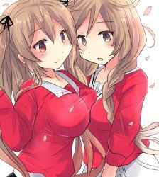 Rule 34 | 2girls, blonde hair, braid, breasts, brown eyes, cherry blossoms, commentary request, hair between eyes, hair flaps, hair ribbon, heterochromia, highres, hirune (konekonelkk), kantai collection, large breasts, light brown hair, long hair, long sleeves, looking at viewer, minegumo (kancolle), multiple girls, murasame (kancolle), open mouth, petals, red eyes, red shirt, ribbon, shirt, sidelocks, simple background, smile, twin braids, white background