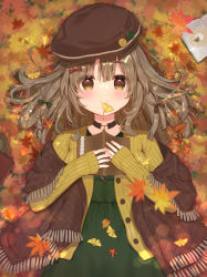 Rule 34 | 1girl, aizawa85, autumn, autumn leaves, beret, book, brown eyes, brown hair, brown hat, brown jacket, closed mouth, dress, fringe trim, ginkgo leaf, green dress, hair between eyes, hat, holding, holding book, jacket, leaf, long hair, long sleeves, looking at viewer, lying, maple leaf, mouth hold, on back, open book, open clothes, open jacket, original, shawl, sleeves past wrists, smile, solo