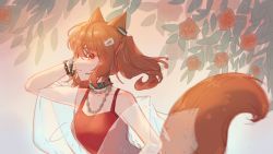 Rule 34 | 1girl, angelina (arknights), angelina (summer flower) (arknights), animal ears, arknights, black collar, bow, breasts, brown hair, chain necklace, collar, earpiece, flower, fox ears, fox girl, fox tail, hair between eyes, hair ornament, hairclip, hand up, highres, infection monitor (arknights), leaf, lierenfelon, long hair, looking at viewer, necklace, official alternate costume, red bow, red eyes, red flower, sarong, see-through, small breasts, solo, tail, tail raised, twintails, upper body, white sarong