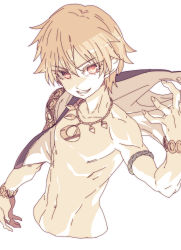Rule 34 | 1boy, blonde hair, bracelet, child gilgamesh (fate), cropped torso, fate/kaleid liner prisma illya, fate (series), gilgamesh (fate), hair between eyes, hand up, highres, jewelry, looking at viewer, male focus, navel, necklace, red eyes, ringed eyes, simple background, smile, solo, tasaka shinnosuke, white background