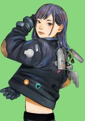 Rule 34 | 1girl, absurdres, arms up, badge, blue hair, button badge, from behind, gloves, green background, hair behind ear, highres, jacket, junjunforever, looking at viewer, looking back, midriff, original, pink eyes, solo