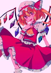 Rule 34 | 1girl, ascot, bad id, bad twitter id, blonde hair, blurry, bobby socks, bow, chromatic aberration, collared shirt, crystal, depth of field, fang, feet out of frame, finger to cheek, flandre scarlet, frilled shirt collar, frills, hat, hat bow, hat ribbon, highres, looking at viewer, medium hair, menma (enaic31), mob cap, one side up, puffy short sleeves, puffy sleeves, red bow, red nails, red skirt, red vest, ribbon, shirt, short sleeves, skin fang, skirt, skirt set, smile, socks, solo, touhou, twitter username, vest, white background, white hat, white shirt, wings, wrist cuffs, yellow ascot
