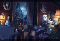 Rule 34 | 1girl, artist name, bed, black hat, blue eyes, boots, candle, candlestand, center frills, closed mouth, curtains, doll, frills, frown, gloves, goth fashion, gothic lolita, hair ornament, hairclip, hat, high heels, highres, indoors, inika, lamp, letterboxed, lolita fashion, long hair, looking away, night, original, pantyhose, picture frame, pillow, scenery, sitting, unworn boots, unworn footwear, unworn hat, unworn headwear, white gloves, white hair, white pantyhose