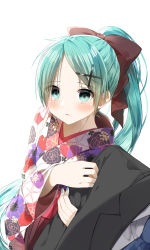 Rule 34 | 1boy, 1girl, absurdres, arm hug, black jacket, blue neckwear, blush, bow, brown bow, collared shirt, empty eyes, floral print, green eyes, green hair, hair bow, hair ornament, hairclip, hatsune miku, highres, jacket, japanese clothes, jealous, kimono, long hair, long sleeves, looking at viewer, necktie, parted bangs, parted lips, pentagon (railgun ky1206), ponytail, print kimono, shirt, simple background, solo focus, very long hair, vocaloid, white background, white shirt, wide sleeves, x hair ornament, yandere