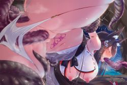 Rule 34 | 1girl, absurdly long hair, amagi (azur lane), amagi (wending waters serene lotus) (azur lane), anal, animal ear fluff, animal ears, ass, azur lane, bikini, blush, breasts, breasts out, brown hair, brown sash, brown tail, cave, censored, closed eyes, dami (claimh9), fellatio, fox girl, from behind, full-face blush, hanging breasts, highres, large breasts, long hair, mosaic censoring, motion blur, night, nipples, official alternate costume, open bikini, open clothes, oral, pubic tattoo, restrained, see-through, solo, spitroast, spread legs, swimsuit, tattoo, tentacle sex, tentacles, torn bikini, torn clothes, triple penetration, vaginal, very long hair, white bikini