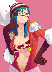 Rule 34 | 1girl, blue eyes, blue hair, breasts, cleavage, coveralls, gloves, hand on own hip, hat, highres, large breasts, long hair, mask, matching hair/eyes, one piece, open clothes, open shirt, pink background, pointy nose, porche (one piece), shirt, simple background, solo, tamago soup