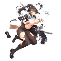 Rule 34 | 1girl, black pantyhose, breasts, brown hair, constantia s2, dress, full body, game cg, green eyes, gun, highres, kakiman, large breasts, last origin, looking at viewer, maid headdress, mary janes, navel, official art, one eye closed, pantyhose, ponytail, rifle, shoe loss, shoes, single shoe, solo, tachi-e, torn clothes, torn pantyhose, transparent background, weapon, winchester model 1887