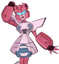 Rule 34 | 1girl, autobot, breasts, dress, hair over shoulder, highres, humanoid robot, light smile, medjedjed, narrow waist, pink lips, robot, rosanna (transformers), short dress, simple background, small breasts, solo, transformers, transformers animated, visor cap, white background