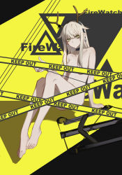 Rule 34 | 1girl, alternate hairstyle, antlers, arknights, barefoot, black choker, black hairband, breasts, caution tape, character name, choker, collarbone, commentary request, feet, firewatch (arknights), grey eyes, hair down, hair flaps, hairband, highres, horns, keep out, knees up, leris muma, long hair, looking at viewer, medium breasts, nude, sidelocks, silver hair, sitting, solo, thighs, yellow background