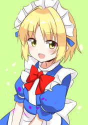 Rule 34 | 1girl, absurdres, apron, blonde hair, blue dress, blush, bow, bowtie, dress, green background, happy, highres, looking at viewer, maid, maid headdress, mugetsu (touhou), open mouth, puffy short sleeves, puffy sleeves, red bow, red bowtie, short sleeves, simple background, solo, touhou, touhou (pc-98), upper body, waist apron, waist bow, white apron, white bow, yellow eyes, yomoguro