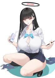 Rule 34 | 1girl, absurdres, black gloves, black hair, black socks, blue archive, blunt bangs, breasts, cellphone, cleavage, gloves, hair ornament, hairclip, halo, highres, kasumi saika, kneehighs, large breasts, loafers, long hair, looking at viewer, milk carton, parted lips, phone, pleated skirt, red eyes, rio (blue archive), school uniform, shoes, skirt, smartphone, socks, solo, squatting