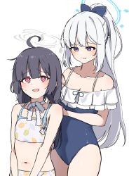 Rule 34 | 2girls, absurdres, adjusting another&#039;s hair, ahoge, ao12073010, bare shoulders, bikini, black hair, blue archive, blue eyes, blue one-piece swimsuit, blunt bangs, blush, braid, breasts, choker, cleavage, commentary request, cowboy shot, flat chest, frilled one-piece swimsuit, frills, highres, lace, lace-trimmed ribbon, lace trim, leaf print, long hair, miyako (blue archive), miyako (swimsuit) (blue archive), miyu (blue archive), miyu (swimsuit) (blue archive), multiple girls, navel, off-shoulder one-piece swimsuit, off shoulder, official alternate costume, one-piece swimsuit, open mouth, parted lips, ponytail, red eyes, ribbon, ribbon choker, sidelocks, simple background, small breasts, spaghetti strap, standing, stomach, sweatdrop, swimsuit, twin braids, very long hair, white background, white bikini, white hair