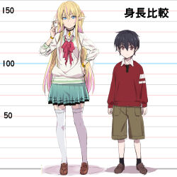 Rule 34 | 1boy, 1girl, age difference, aqua skirt, black choker, black hair, blonde hair, blue eyes, bow, bowtie, bracelet, brown footwear, brown shorts, choker, collared shirt, commentary, earrings, elf, full body, garter straps, hand on own hip, height chart, height difference, jewelry, light blush, light frown, loafers, long hair, long pointy ears, multicolored hair, nakahira guy, original, pink hair, pleated skirt, pointy ears, purple eyes, red bow, red bowtie, red ribbon, red shirt, ribbon, school uniform, shirt, shoes, shorts, sketch, skirt, socks, standing, streaked hair, thighhighs, two-tone hair, very long hair, white thighhighs, zettai ryouiki