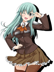 Rule 34 | 10s, 1girl, aqua hair, ascot, blouse, boots, brown thighhighs, commentary request, epaulettes, grey eyes, hand on own hip, head tilt, highres, jacket, kantai collection, long hair, looking at viewer, one eye closed, open mouth, rappa (rappaya), school uniform, shirt, sidelocks, skirt, smile, solo, suzuya (kancolle), thighhighs, v, v over eye, white background, white shirt