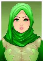 Rule 34 | 1girl, breasts, female focus, green eyes, highres, hijab, islam, large breasts, muslim, nigaw, text focus