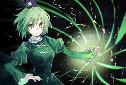 Rule 34 | 1girl, akizuki haruhi, black background, black hat, breasts, commentary request, dress, electricity, energy, frilled shirt collar, frills, green dress, green eyes, green hair, hair between eyes, hat, juliet sleeves, long sleeves, looking at viewer, medium breasts, ofuda, parted lips, puffy sleeves, simple background, soga no tojiko, solo, tate eboshi, touhou, upper body, wide sleeves