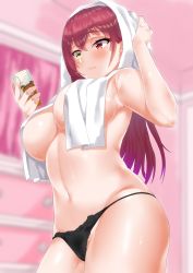 Rule 34 | 1girl, absurdres, bad id, bad twitter id, black panties, blush, breasts, cellphone, closed mouth, hair down, heterochromia, highres, holding, holding phone, hololive, houshou marine, large breasts, long hair, navel, panties, phone, red eyes, red hair, smartphone, solo, topless, towel, towel on head, underwear, virtual youtuber, white towel, yellow eyes, zyunsei777