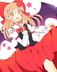 Rule 34 | 1girl, bat (animal), bat wings, black vest, blonde hair, bow, elis (touhou), facial mark, hair bow, holding, holding clothes, holding skirt, long hair, long skirt, open mouth, pointy ears, red bow, red neckwear, red skirt, shirt, simple background, skirt, star (sky), star wand, touhou, touhou (pc-98), vest, wand, white shirt, wings, yellow eyes, zerokosan