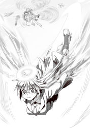 Rule 34 | 1boy, 2girls, accelerator (toaru majutsu no index), action, aerokinesis, aircraft, airplane, angel, carrying, carrying person, cheerleader, energy, energy wings, fantasy, fighter jet, flying, glasses, greyscale, halo, ino1, inoichi, jet, kazakiri hyouka, lessar, lifting person, long hair, magic, military, military vehicle, monochrome, multiple girls, psychic, school uniform, science fiction, tail, tears, toaru majutsu no index, toaru majutsu no index: old testament, wind, wings
